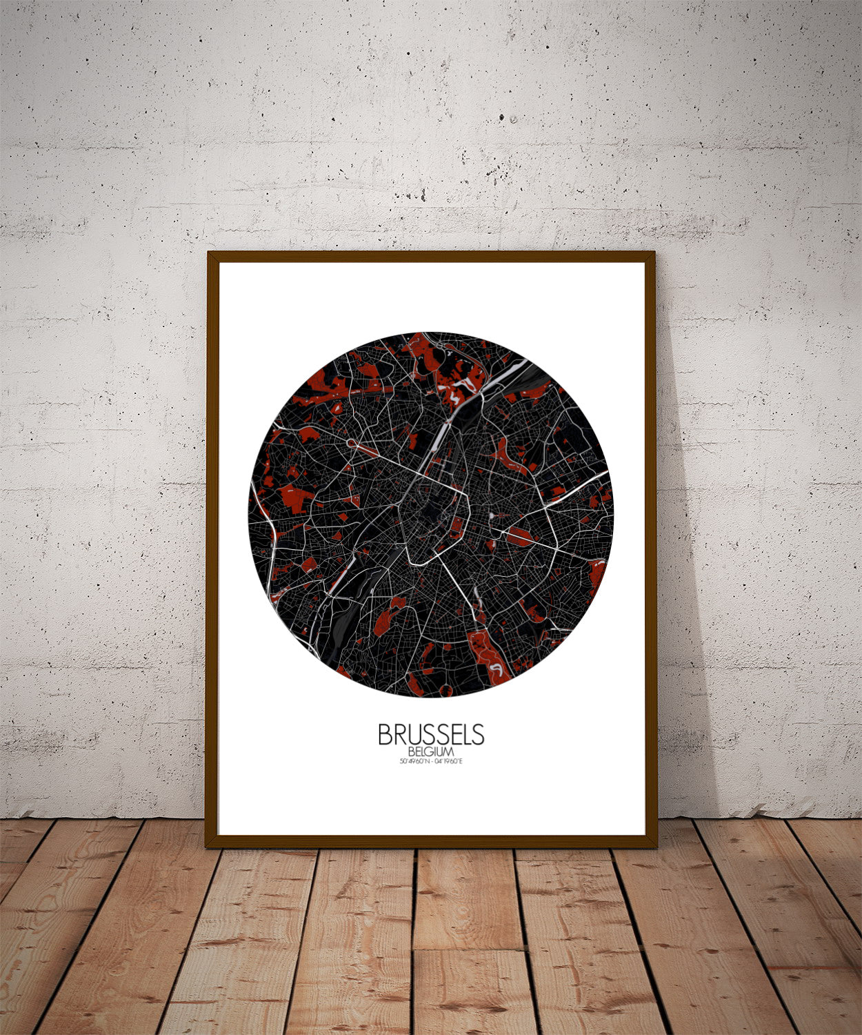 Mapospheres Brussels Red dark round shape design poster city map