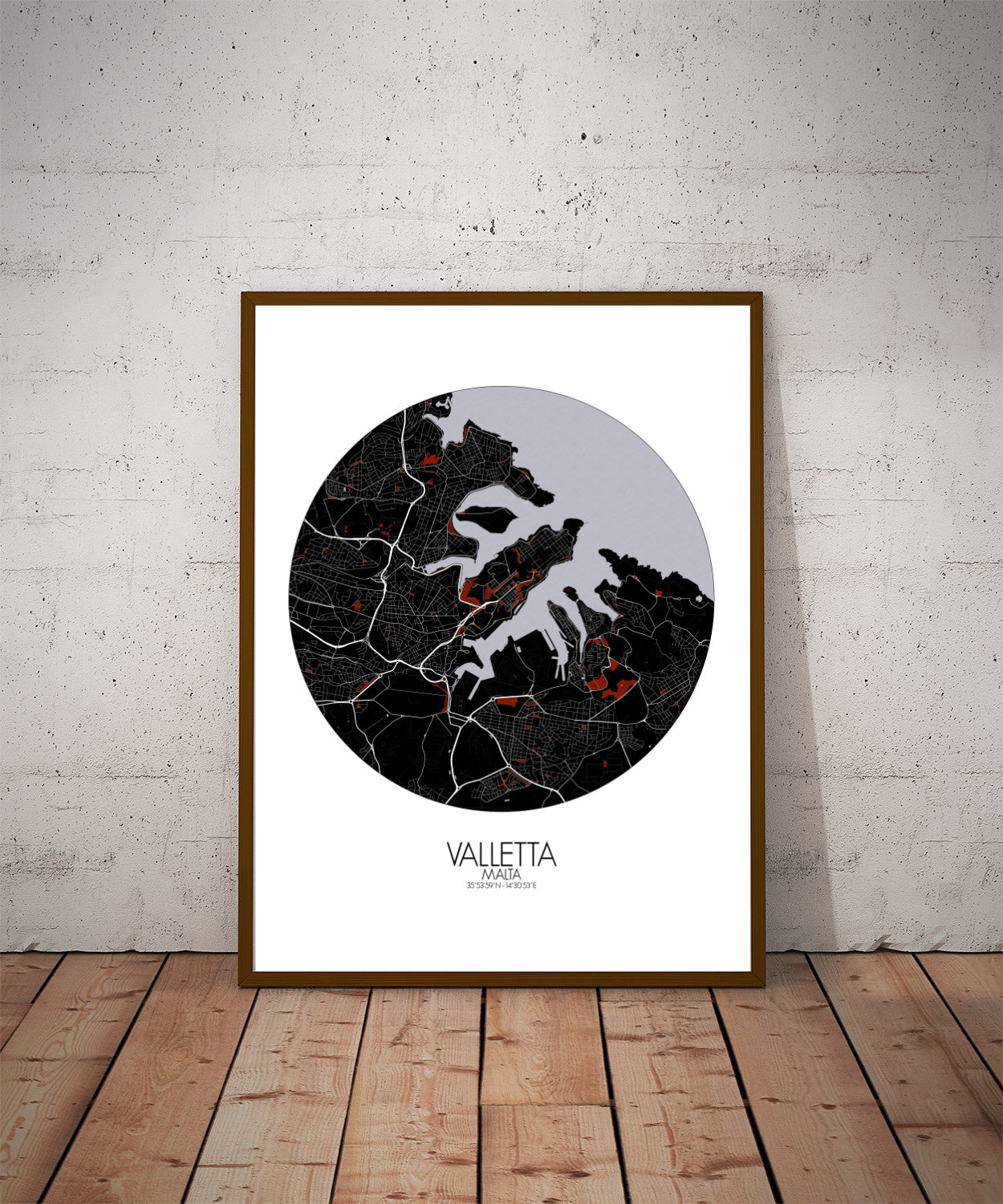 Mapospheres valletta Red dark round shape design poster city map